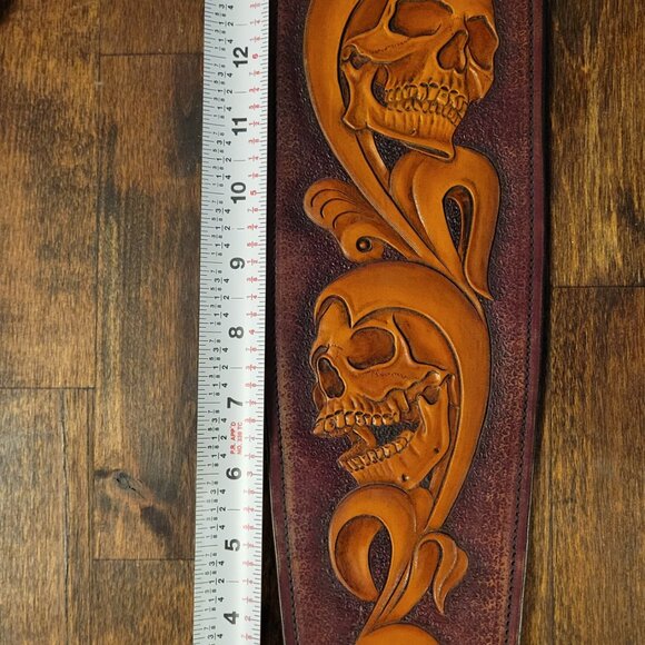 Hand-Carved Leather & Wildebeest Guitar Strap by Slickbald Customs - Picture 2 of 8